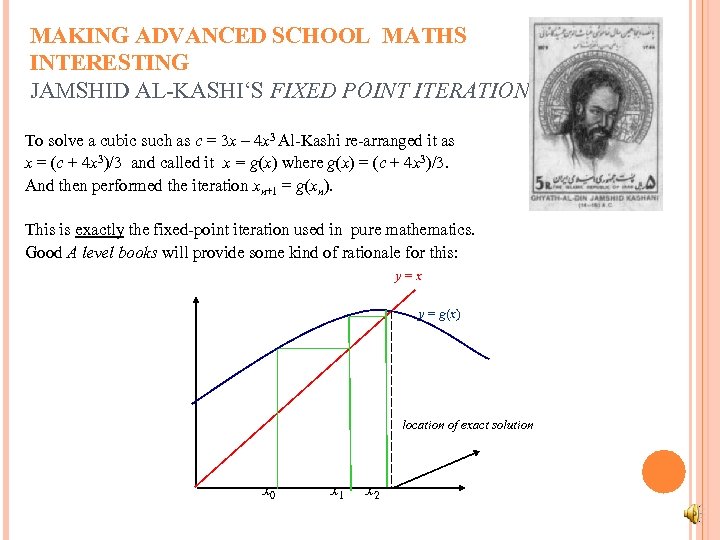 MAKING ADVANCED SCHOOL MATHS INTERESTING JAMSHID AL-KASHI‘S FIXED POINT ITERATION To solve a cubic