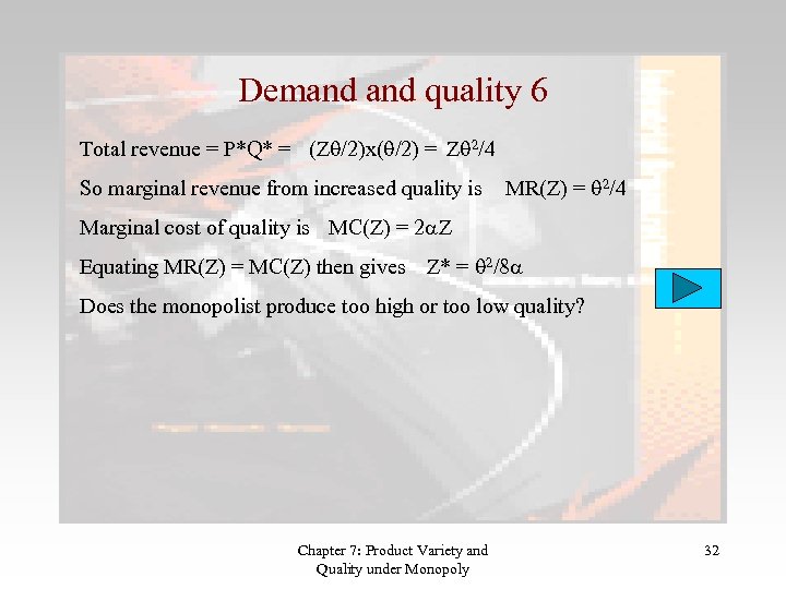 Demand quality 6 Total revenue = P*Q* = (Z /2)x( /2) = Z 2/4