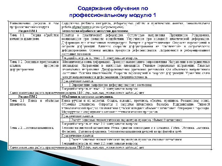Содержание обучения по профессиональному модулю 1 