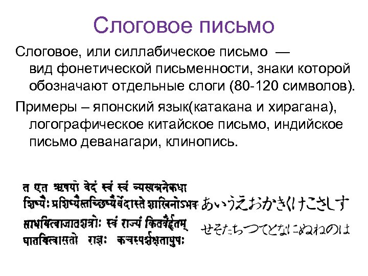 Слоговое письмо Слоговое, или силлабическое письмо — вид фонетической письменности, знаки которой обозначают отдельные