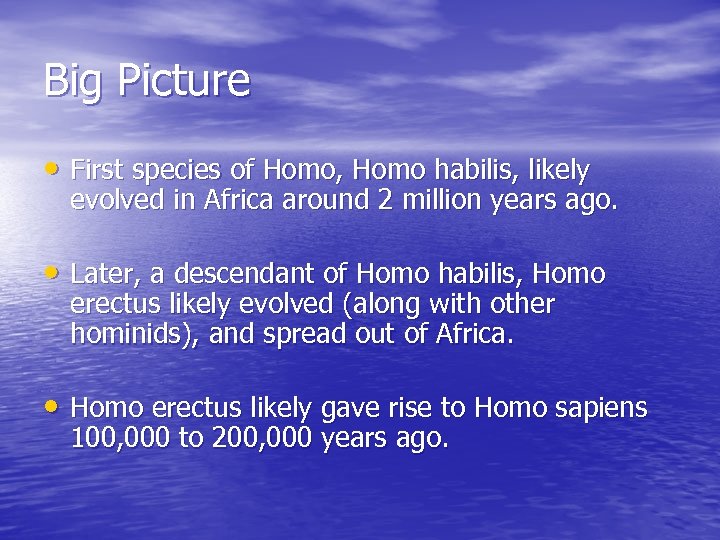 Big Picture • First species of Homo, Homo habilis, likely evolved in Africa around