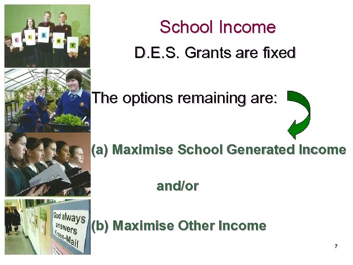 School Income D. E. S. Grants are fixed The options remaining are: (a) Maximise