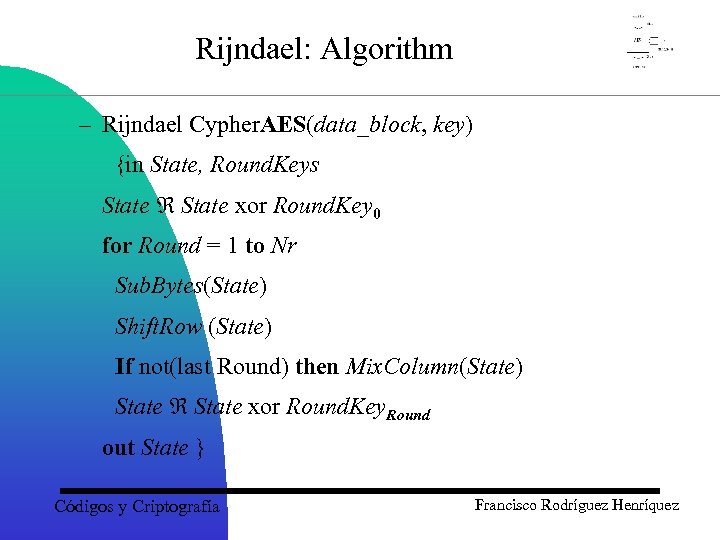 Rijndael: Algorithm – Rijndael Cypher. AES(data_block, key) {in State, Round. Keys State xor Round.