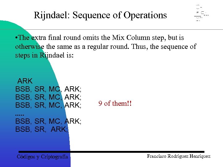 Rijndael: Sequence of Operations • The extra final round omits the Mix Column step,