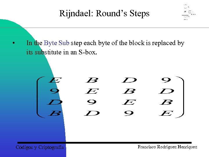 Rijndael: Round’s Steps • In the Byte Sub step each byte of the block
