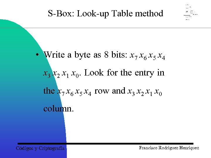 S-Box: Look-up Table method • Write a byte as 8 bits: x 7 x