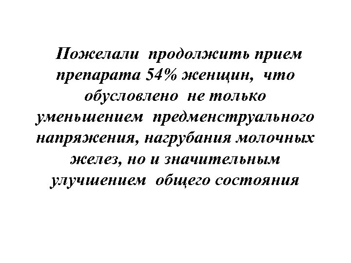 Пожелали продолжить прием препарата 54% женщин, что обусловлено не только уменьшением предменструального напряжения, нагрубания