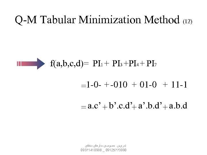 Q-M Tabular Minimization Method (12) f(a, b, c, d)= PI 1 + PI 3