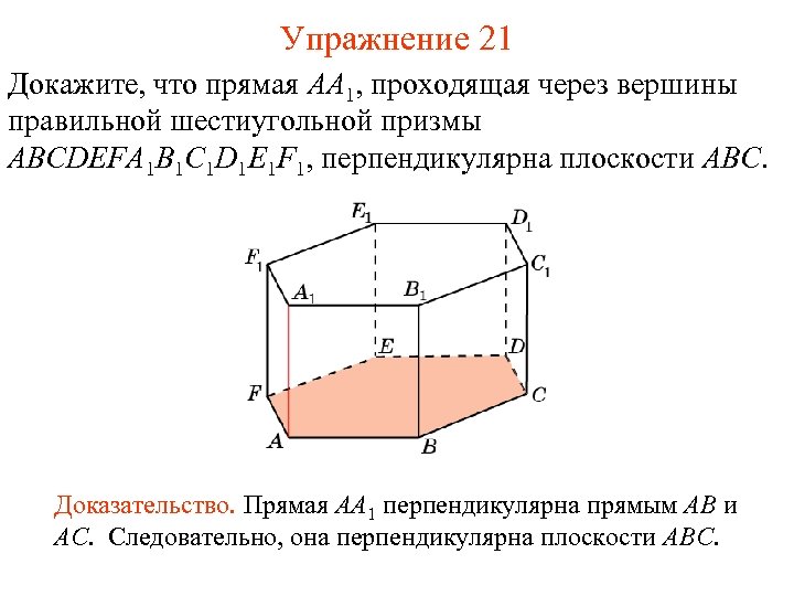 Упражнение 21 Докажите, что прямая AA 1, проходящая через вершины правильной шестиугольной призмы ABCDEFA
