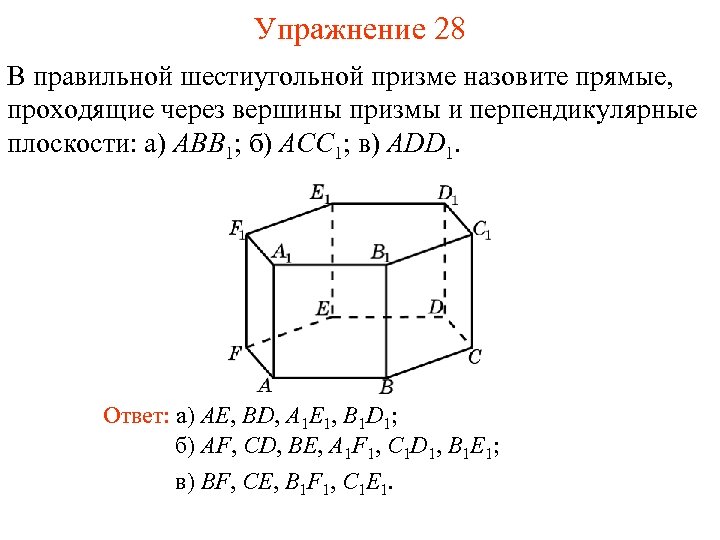 Упражнение 28 В правильной шестиугольной призме назовите прямые, проходящие через вершины призмы и перпендикулярные