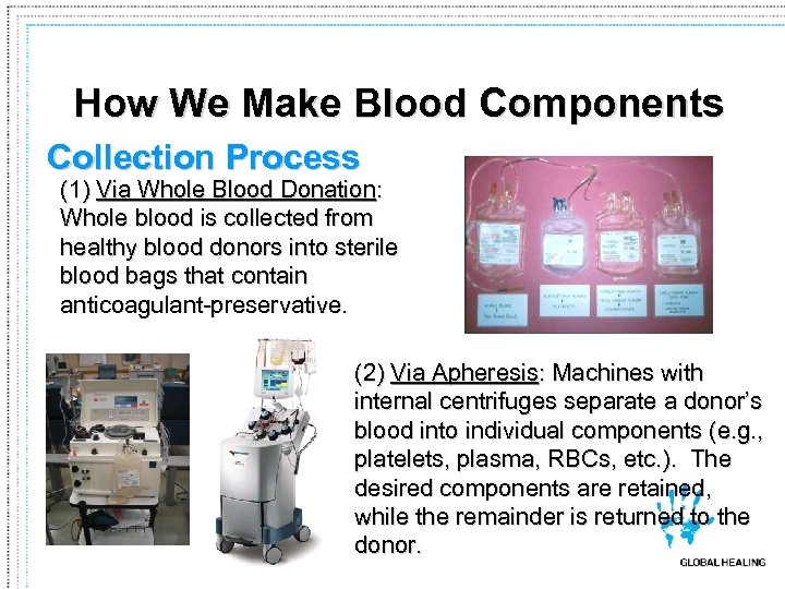 How We Make Blood Components Collection Process (1) Via Whole Blood Donation: Whole blood