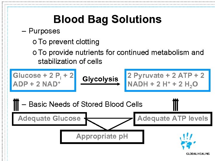 Blood Bag Solutions – Purposes o To prevent clotting o To provide nutrients for