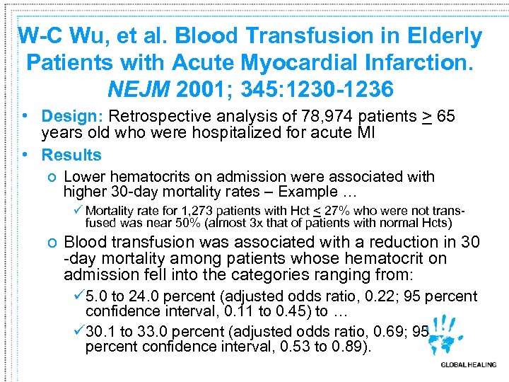 W-C Wu, et al. Blood Transfusion in Elderly Patients with Acute Myocardial Infarction. NEJM