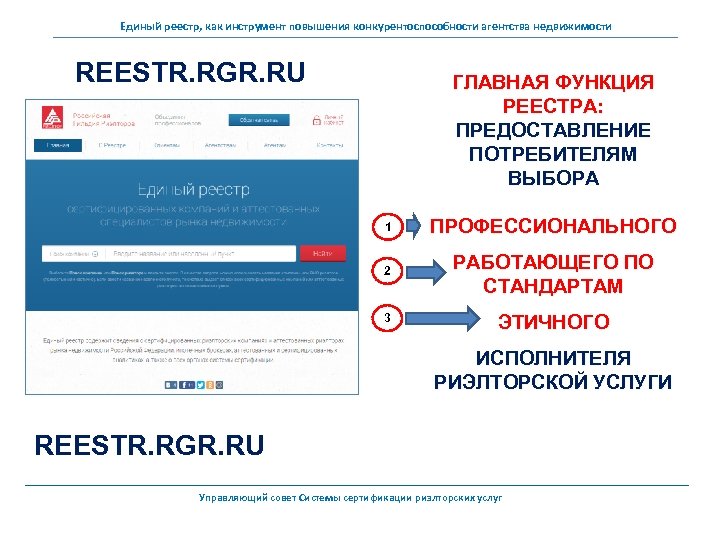 Единый реестр, как инструмент повышения конкурентоспособности агентства недвижимости REESTR. RGR. RU ГЛАВНАЯ ФУНКЦИЯ РЕЕСТРА: