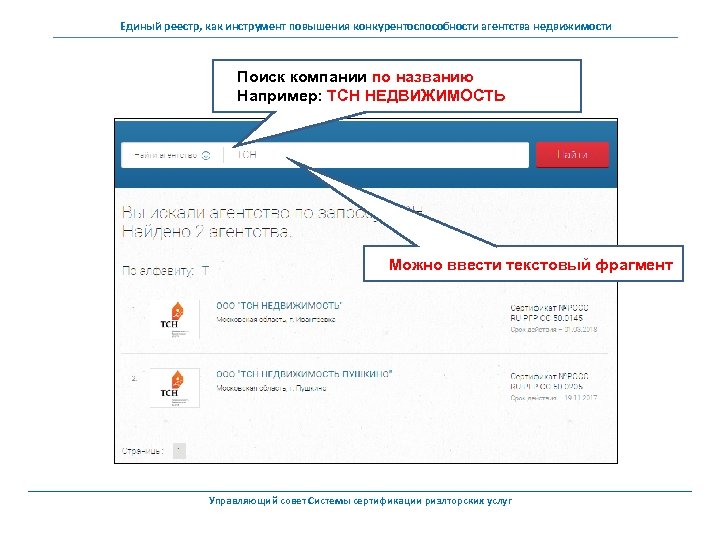 Единый реестр, как инструмент повышения конкурентоспособности агентства недвижимости Поиск компании по названию Например: ТСН