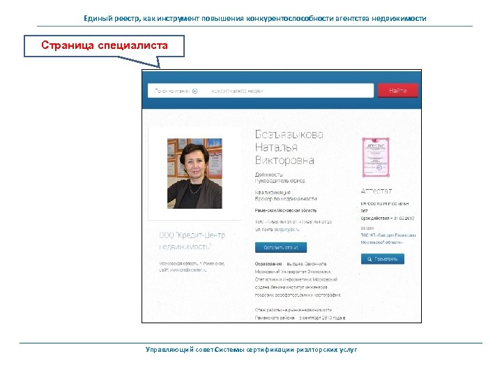 Единый реестр, как инструмент повышения конкурентоспособности агентства недвижимости Страница специалиста Управляющий совет Системы сертификации