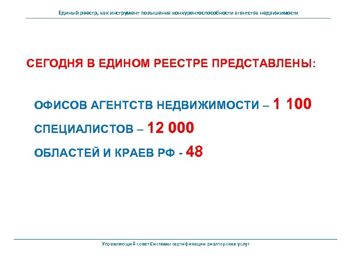 Единый реестр, как инструмент повышения конкурентоспособности агентства недвижимости СЕГОДНЯ В ЕДИНОМ РЕЕСТРЕ ПРЕДСТАВЛЕНЫ: ОФИСОВ