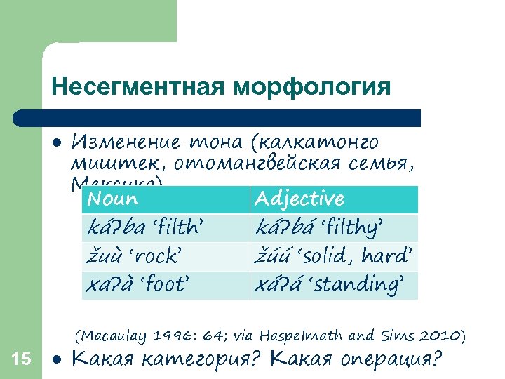 Несегментная морфология l Изменение тона (калкатонго миштек, отомангвейская семья, Мексика) Noun Adjective káɁba ‘filth’