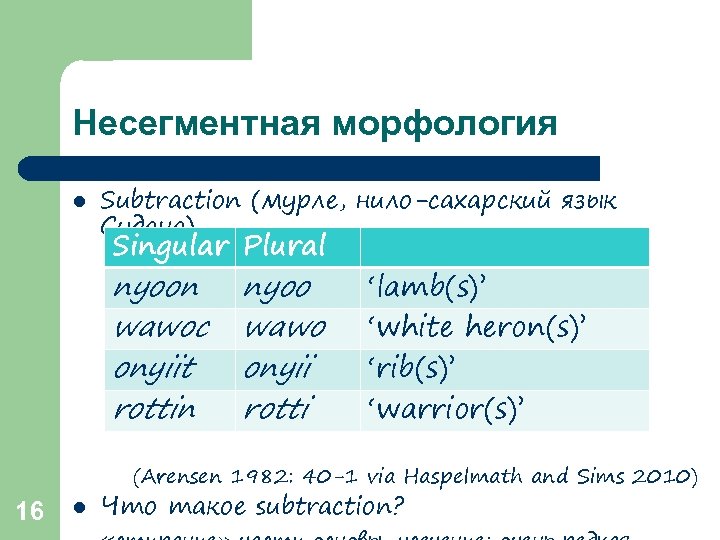 Несегментная морфология l Subtraction (мурле, нило-сахарский язык Судана) Singular Plural nyoon wawoc onyiit rottin