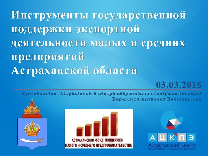 Инструменты государственной поддержки экспортной деятельности малых и средних предприятий Астраханской области 03. 2015 Руководитель