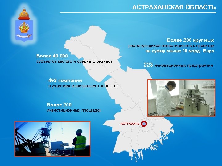 АСТРАХАНСКАЯ ОБЛАСТЬ Более 200 крупных Более 40 000 реализующихся инвестиционных проектов на сумму свыше