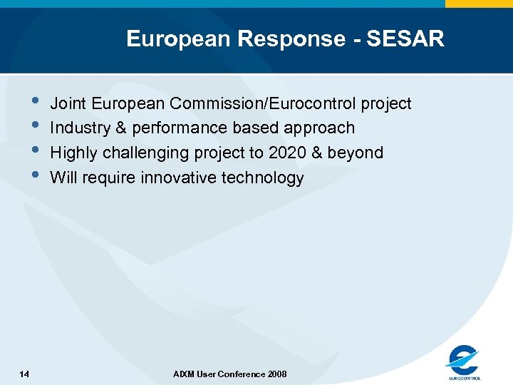 European Response - SESAR • • 14 Joint European Commission/Eurocontrol project Industry & performance