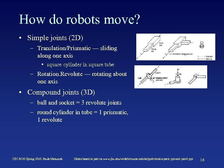 How do robots move? • Simple joints (2 D) – Translation/Prismatic — sliding along