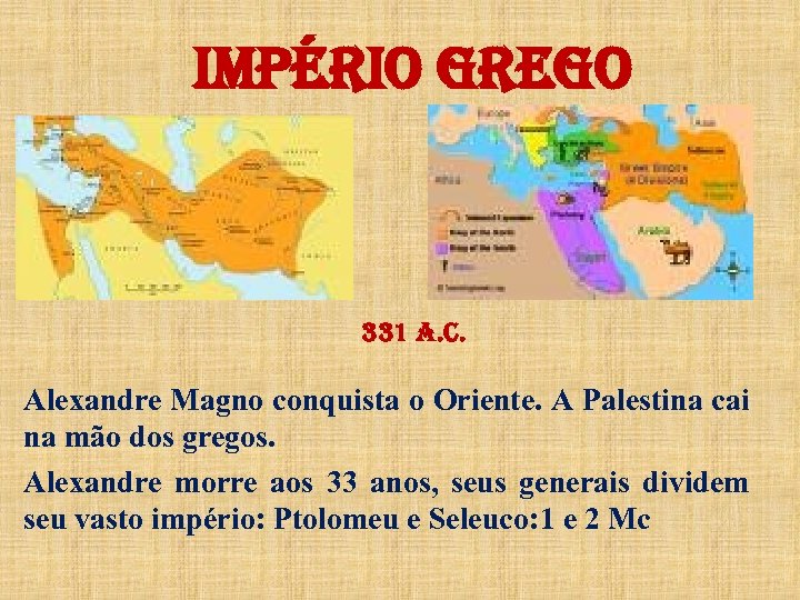 i. MPÉrio Gr. EGo 331 a. C. Alexandre Magno conquista o Oriente. A Palestina