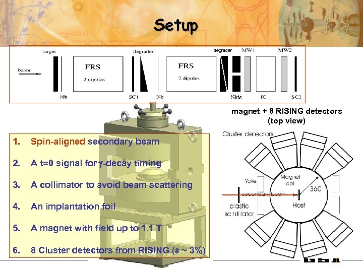 Setup degrader Slits magnet + 8 RISING detectors (top view) 1. Spin-aligned secondary beam