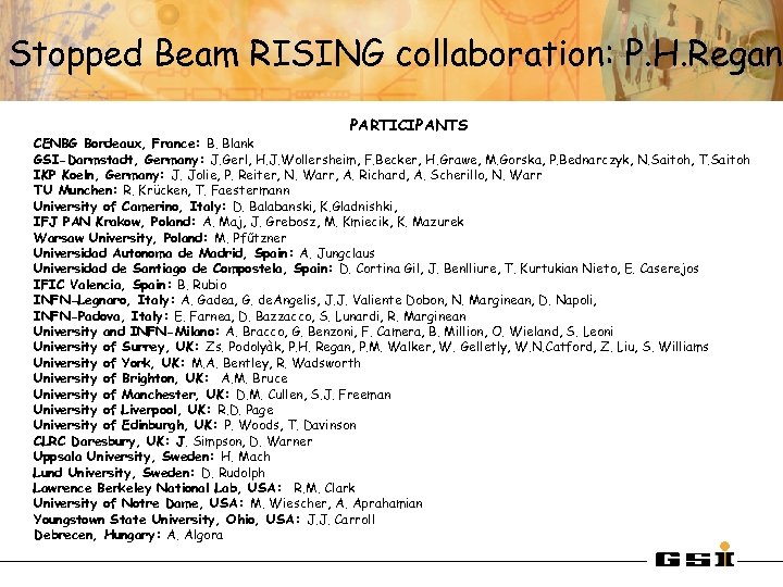 Stopped Beam RISING collaboration: P. H. Regan PARTICIPANTS CENBG Bordeaux, France: B. Blank GSI-Darmstadt,