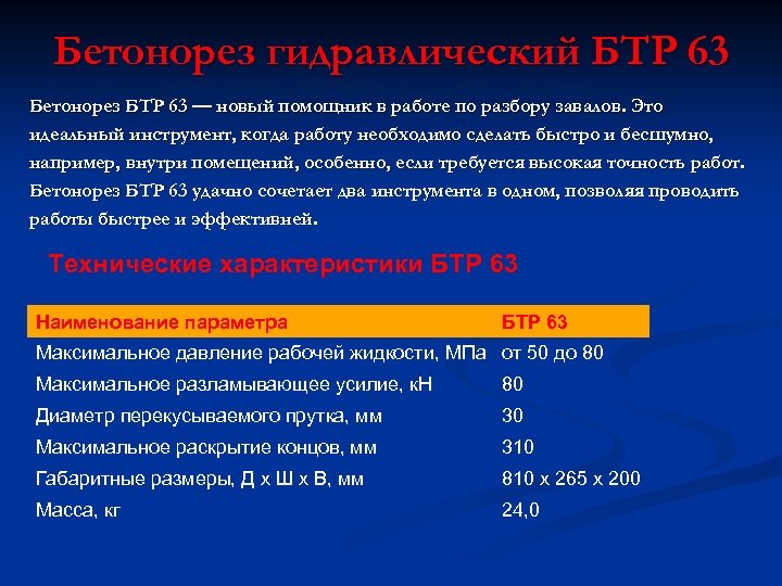 Бетонорез гидравлический БТР 63 Бетонорез БТР 63 — новый помощник в работе по разбору