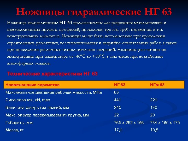 Ножницы гидравлические НГ 63 предназначены для разрезания металлических и неметаллических прутков, профилей, проволоки, тросов,