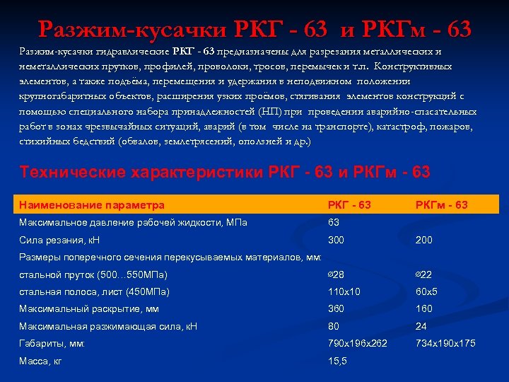 Разжим-кусачки РКГ - 63 и РКГм - 63 Разжим-кусачки гидравлические РКГ - 63 предназначены