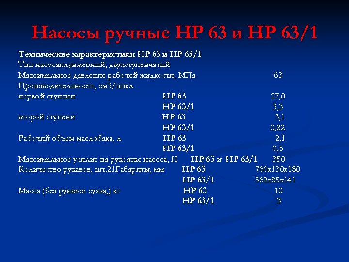 Насосы ручные НР 63 и НР 63/1 Технические характеристики НР 63/1 Тип насосаплунжерный, двухступенчатый