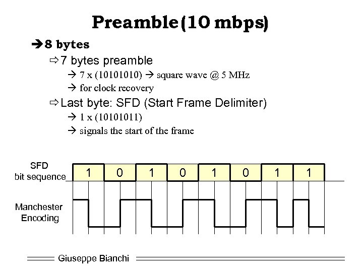 Preamble (10 mbps) è 8 bytes ð 7 bytes preamble 7 x (1010) square