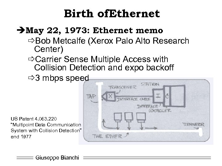 Birth of. Ethernet èMay 22, 1973: Ethernet memo ðBob Metcalfe (Xerox Palo Alto Research