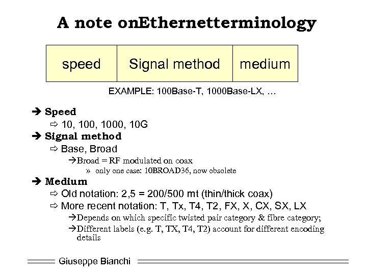 A note on. Ethernetterminology speed Signal method medium EXAMPLE: 100 Base-T, 1000 Base-LX, …