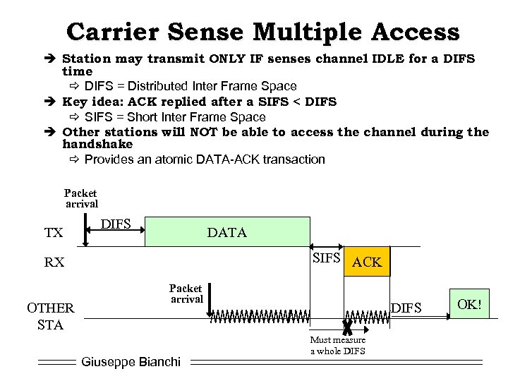 Carrier Sense Multiple Access è Station may transmit ONLY IF senses channel IDLE for