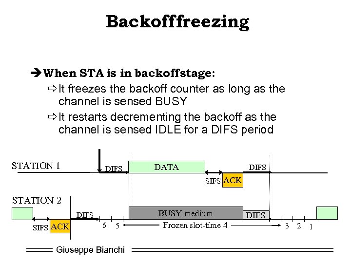 Backoff freezing è When STA is in backoff stage: ðIt freezes the backoff counter