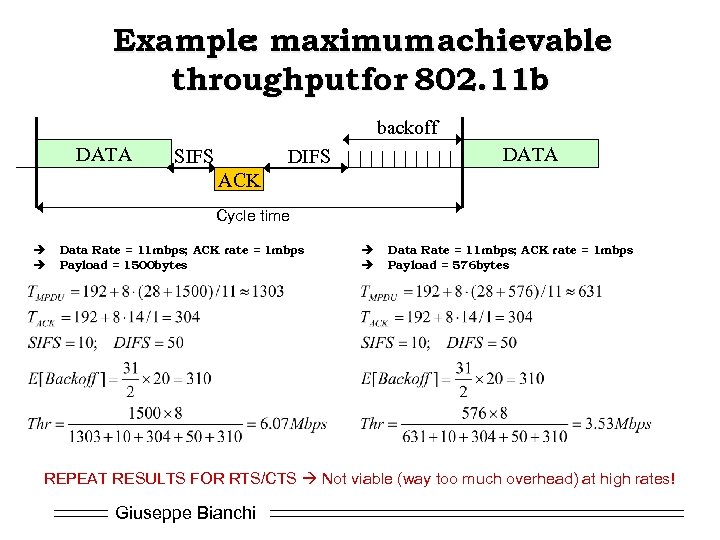 Example maximum achievable : throughputfor 802. 11 b backoff DATA SIFS DATA DIFS ACK