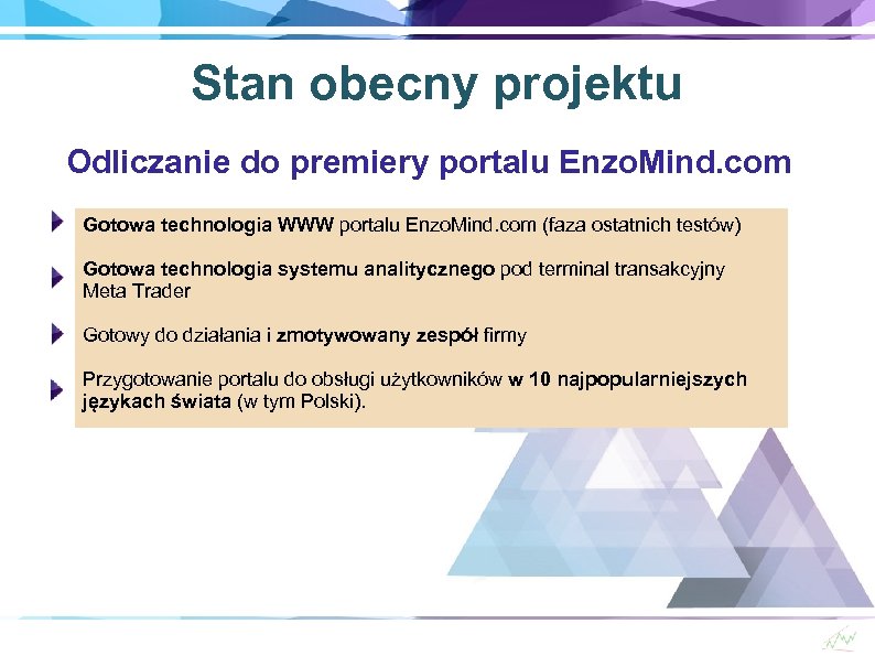 Stan obecny projektu Odliczanie do premiery portalu Enzo. Mind. com Gotowa technologia WWW portalu