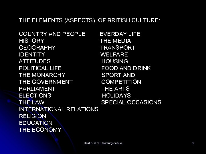 THE ELEMENTS (ASPECTS) OF BRITISH CULTURE: COUNTRY AND PEOPLE EVERDAY LIFE HISTORY THE MEDIA