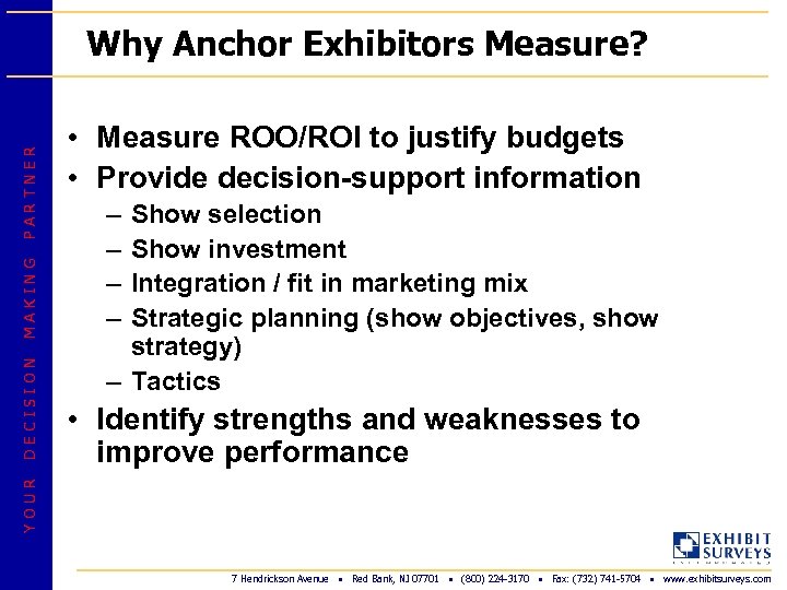  • Measure ROO/ROI to justify budgets • Provide decision-support information – – Show