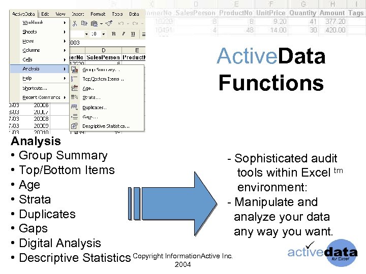 Active. Data Functions Analysis • Group Summary - Sophisticated audit • Top/Bottom Items tools
