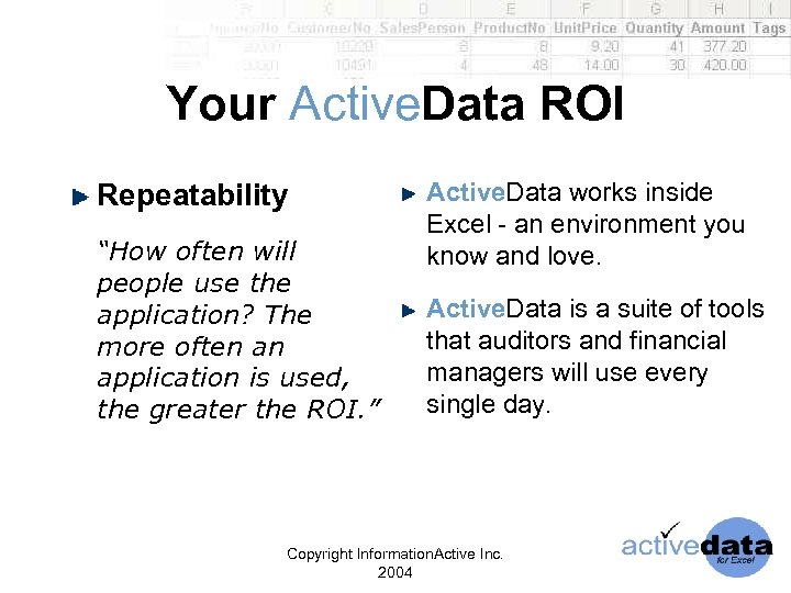 Your Active. Data ROI Repeatability “How often will people use the application? The more