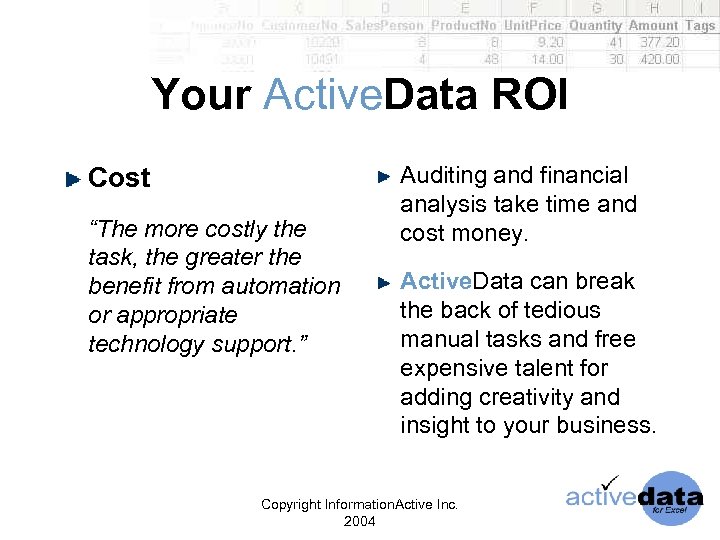 Your Active. Data ROI Cost “The more costly the task, the greater the benefit