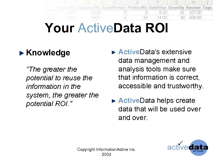 Your Active. Data ROI Knowledge “The greater the potential to reuse the information in