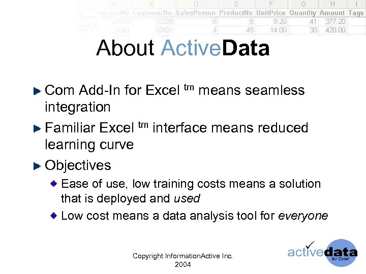About Active. Data Com Add-In for Excel tm means seamless integration Familiar Excel tm