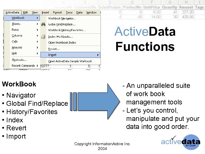 Active. Data Functions Work. Book • Navigator • Global Find/Replace • History/Favorites • Index