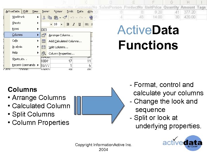 Active. Data Functions Columns • Arrange Columns • Calculated Column • Split Columns •